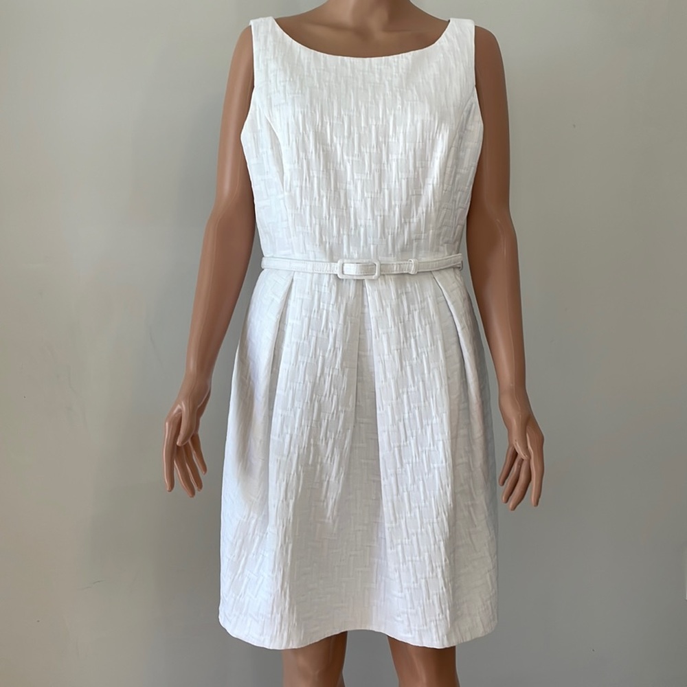 Classic White Textured Belted Sheath Dress